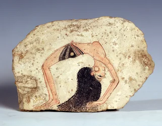 Fragment eines Wandgemäldes, das einen akrobatischen Tänzer zeigt, der am Hof unterhält, Neues Reich, aus Deir-El Medina